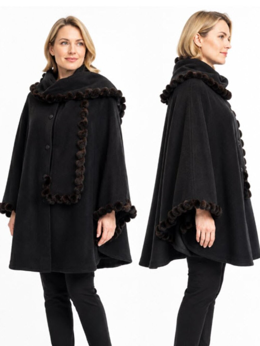 Martoni Black Cashmere Wool Blend Fur Trim Cape Coat One Size